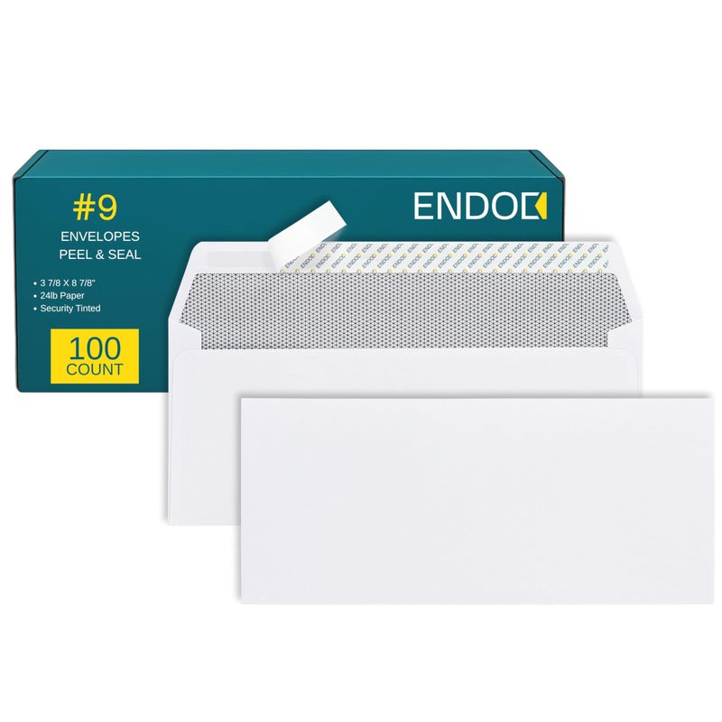 EnDoc #9 Envelopes Self Seal - 100 Pack - Security Tinted 3 7/8" x 8 7/8" Business Envelopes Peel & Seal - Mailing Envelopes Letter Size - Legal Envelopes for Invoices, Statements - 24lb Plain Envelopes - Image 1
